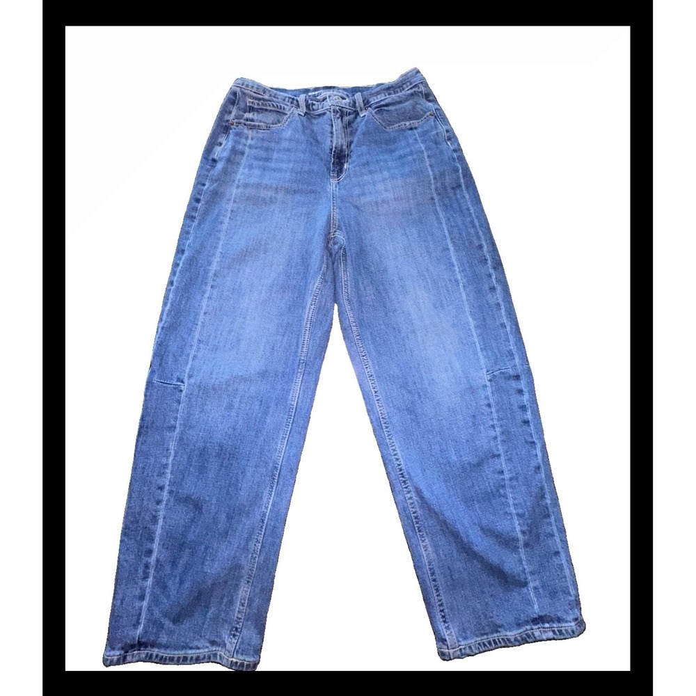 Old Navy Womens High Rise Barrel Leg Jeans Medium Wash Blue Seam Detail Size 12